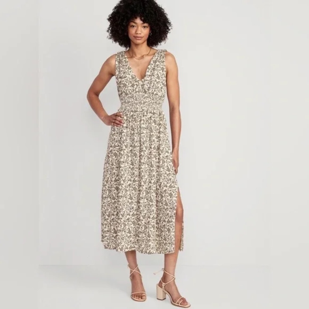 Old Navy Cream Floral Tie-Back Maxi Dress | XL | Smocked Waist | Side Slit